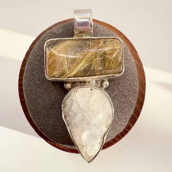 VTG Sterling Silver 925 Rutilated Quartz Bezel Set Pendant Size 1.75" Length - Picture 1 of 12